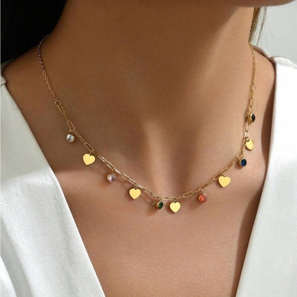 Free People Gold Paper Clip Necklace with Multicolor Crystals & Hearts Charms - Picture 5 of 8